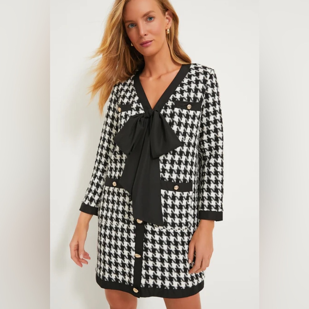 🎀 TUCKERNUCK POMAMDER PLACE Houndstooth Coco Tweed Bow Dress NWOT